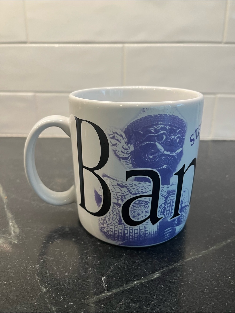 Highly collectable 2001 Starbucks White and Purple Bangkok Graphic Ceramic Mug